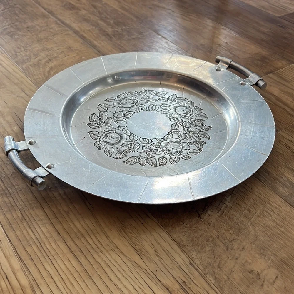 Vintage World Hand Forged Floral Stamped Aluminum Serving Platter 14” Diameter